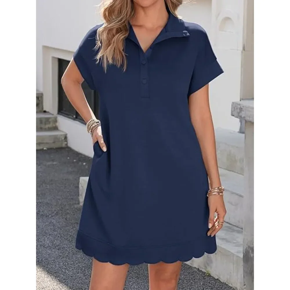 Women's Navy Blend Collared  V Neck Short Sleeve A Line Casual Mini Dress - Picture 4 of 5